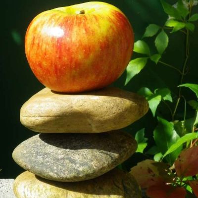 rotgelber Apfel auf einem Stapel von Steinen mit grünem Hintergrund
